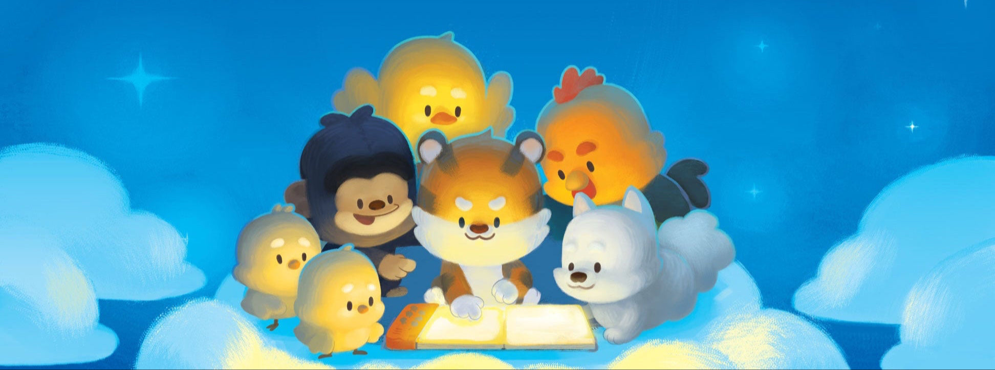 Cartoon characters on clouds under a starry night sky