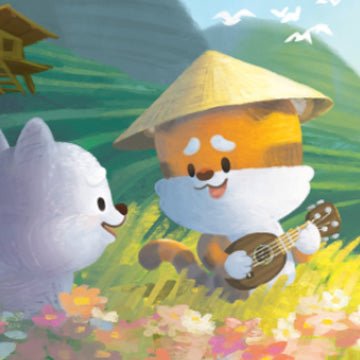 Cartoon character with a yellow hat playing a guitar in a scenic background